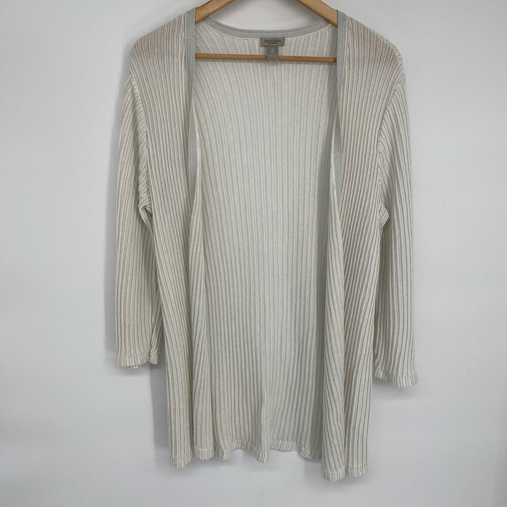 Chico's‎ Cardigan Women's Large Silver & White Metallic Coastal Grandma Neutral